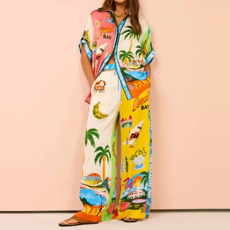 2025独立站欧美女装印花拼色松紧腰口袋阔腿休闲时尚套装女两件套