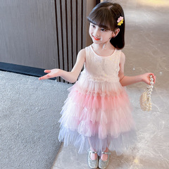 女童連衣裙夏季2024新款夏款兒童洋氣時髦蛋糕裙女寶寶夏裝公主裙
