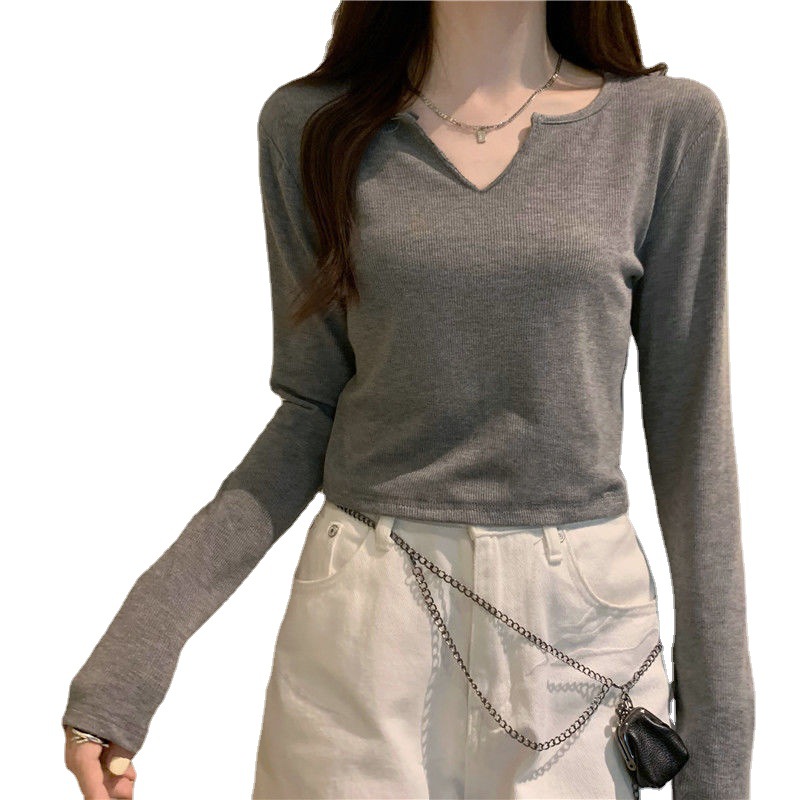 Puro deseo superior camiseta de las mujeres de primavera y otoño diseño sentido nicho nuevo dulce chica caliente manga larga corta delgada con cuello en v camisa de fondo image 7