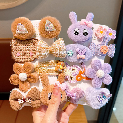 Autumn and Winter New Plush Rabbit Hair Clips for Kids, Cute Cartoon Hair Accessories Set for Babies, Non-Damaging to Hair, Sideburn Clips