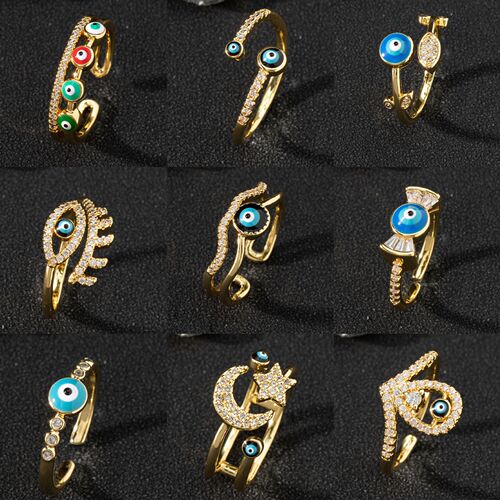 Eurasian cross-border jewelry supply copper zirconia enamel drip oil ring for women evil eye retro tail ring open ring piece