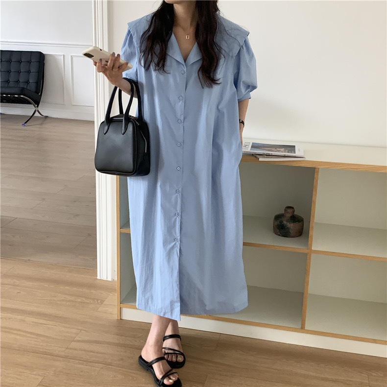 Korean Chic Summer Simple Niche Large Lapel Loose Casual Single-Breasted Lantern Sleeve Long Dress for Women