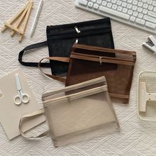 A5双层莫兰迪透明网纱手提袋文件袋高颜值笔袋化妆品收纳袋可印刷