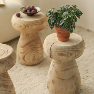 Mushroom Stool Solid Wood Wabi-Sabi Style Low Stool Retro Old Bed and Breakfast Decoration Creative Living Room Small Stool Household Wooden Stool