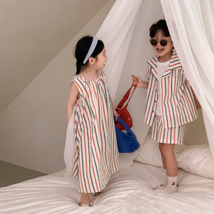 Children's Brother and Sister's 2025 Summer Mori Style Korean Style suit Striped Color Stripe Vessel Skirt Short Sleeve Short Pants Cover Small Meng