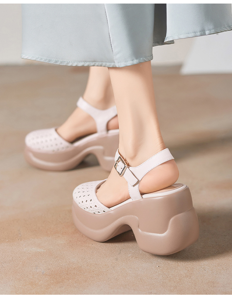 Sandal cao gót nữ mũi kín quai ngang gót 9 cm phong cách La Mã — màu trắng ngà, màu mơ chi tiết 11