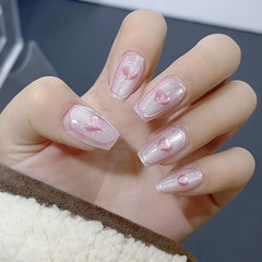 粉色愛心晶石貓眼穿戴甲爆閃少女心純手工中長款梯形粉嫩指甲貼片
