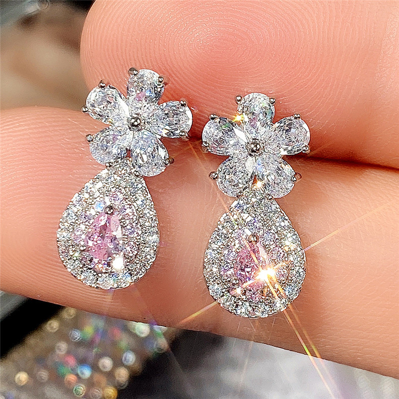 Pendientes largos de corazón rosa estilo flor de lujo_voghion.com
