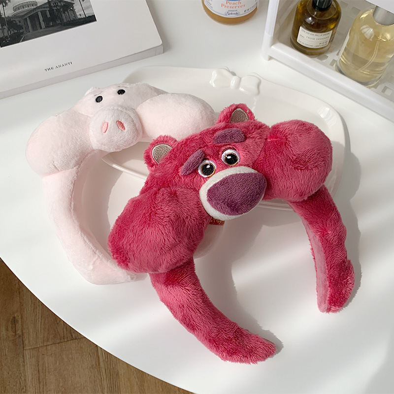 Dibujos animados lindo fresa oso diadema chica felpa horquilla jamón cerdo cara lavado pelo presionando diadema divertido venta lindo tocado