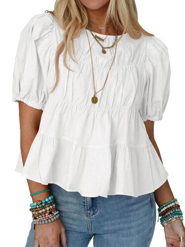 2026 cross-border new summer bubble sleeve doll shirt short-sleeved loose casual A-line pleated foreign-style top