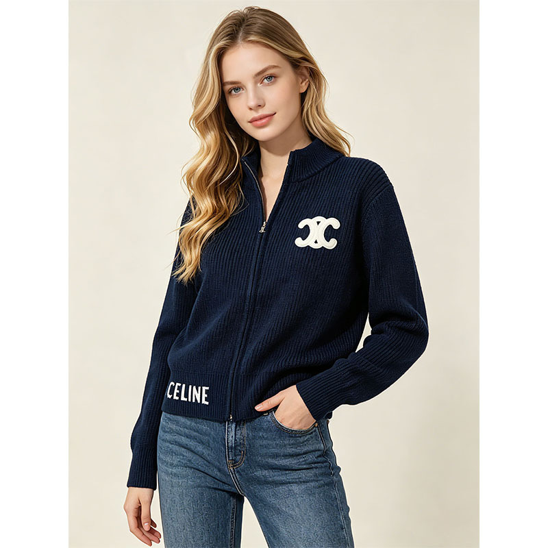 Cross-Border Autumn and Winter Zip-Up Letter Embroidery Stand Collar Knitted Cardigan Lazy Style Loose Sweater Coat for Women Factory Wholesale