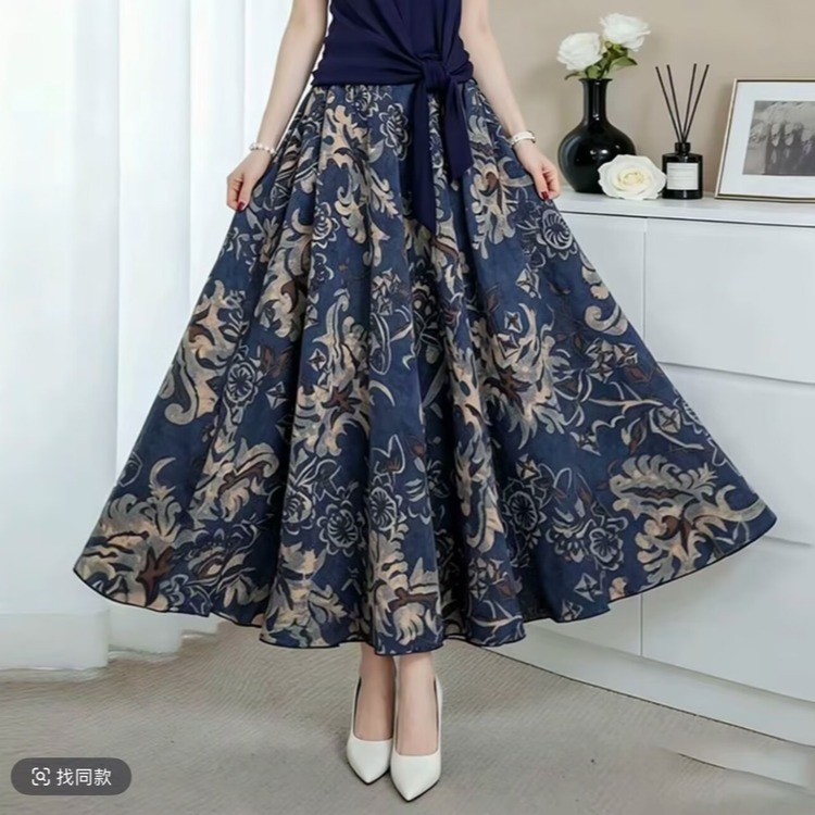 Floral print midi skirt, 2026 summer new style, Chinese style blue and white porcelain retro full skirt, drapey and slimming A-line skirt