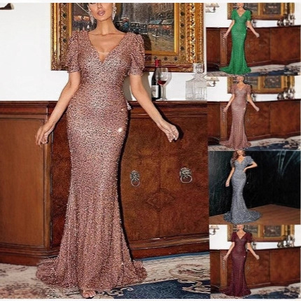 2025 Spring and Summer New Fashion V Neck Hip-Hugging Sequined European and American Dress Mid-Waist Lantern Sleeve Long Evening Dress