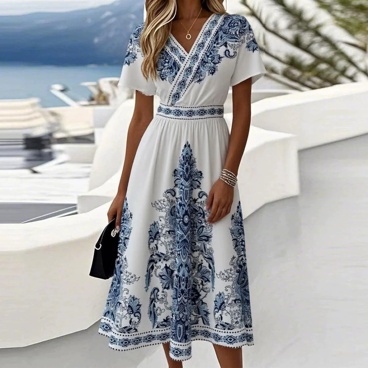 2025 Весна-Лето Amazon Independent Station Трансграничное женское платье с V-образным вырезом, принтом, высокой талией, плиссированное, элегантное французское платье