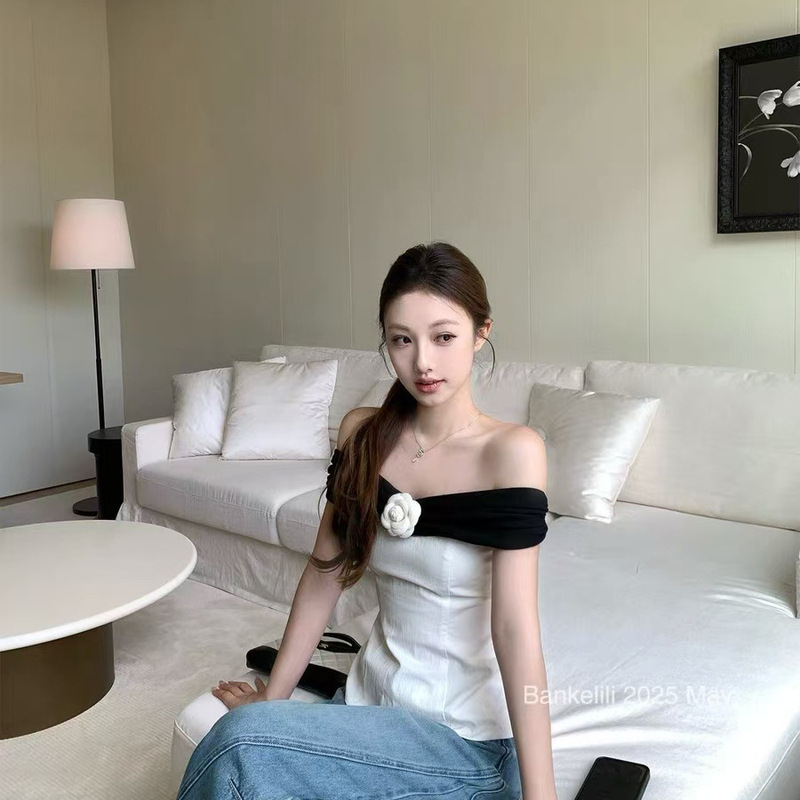 Chestnut Cocoa Bankelili 5.28/20 Points'Castle Swan' Off-Shoulder Waist-Cinching Camellia Tube Top for Women Chestnut Cocoa Bankelili 5.28/20 Points'Castle Swan' Off-Shoulder Waist-Cinching Camellia Tube Top for Women