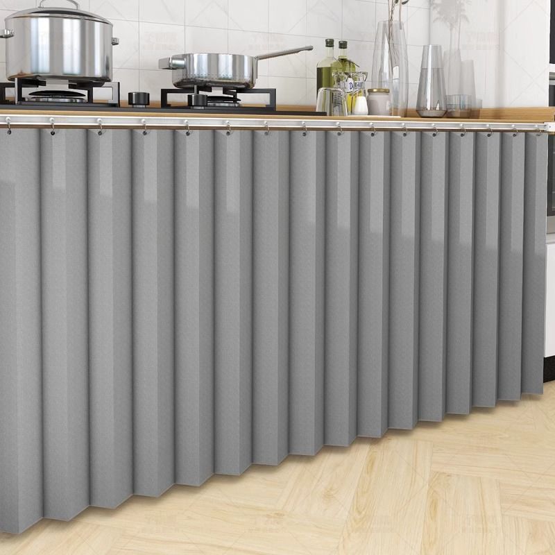 Solid Color Folding Cabinet Cover Curtain for Kitchen, Waterproof, Oil-Proof, Dust-Proof, Clutter-Covering, Track-Mounted, No-Drill Curtain