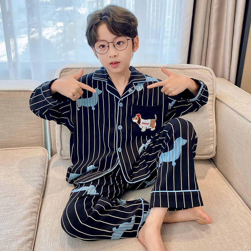Boys' Pajamas 100% Cotton Spring and Autum Long-Sleeved Cute Kidsren's and Teenagers' Boys' Home Clothes Medium and Large Kidsren's Suits