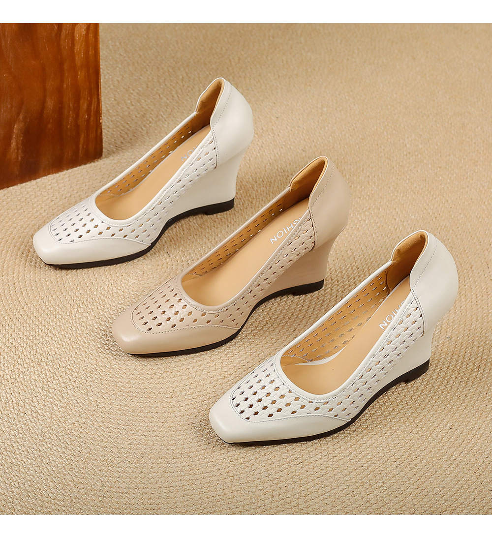 Giày sandal nữ da thật mũi vuông gót xuồng thấp, xỏ chân thoáng khí đi làm — màu trắng ngà, màu mơ chi tiết 17