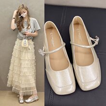 秋冬新品舒适防滑串珠平底鞋一字带方头时尚休闲优雅气质淑女船鞋