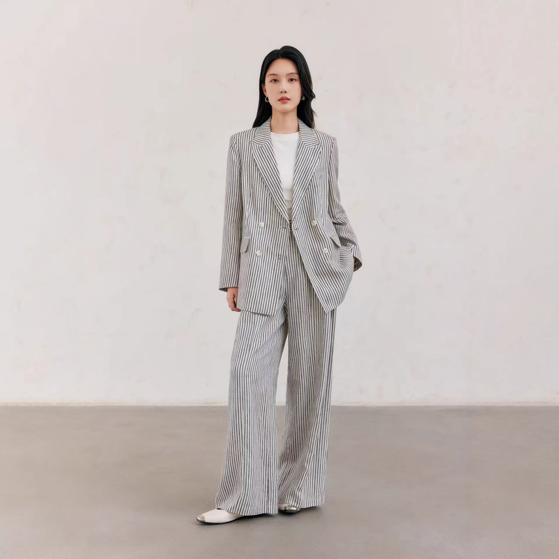 Lyocell Linen Striped Blazer for Women with Back Cutout Design, New 2026 European and American Style, Double-Breasted