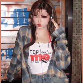 美式复古格子衬衫女早秋季薄款长袖衬衣外套慵懒风宽松撞色上衣潮