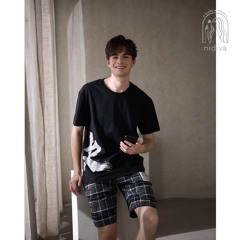 Nidiya pajamas men's summer cotton short-sleeved round neck pullover plaid shorts casual outerwear homewear suit