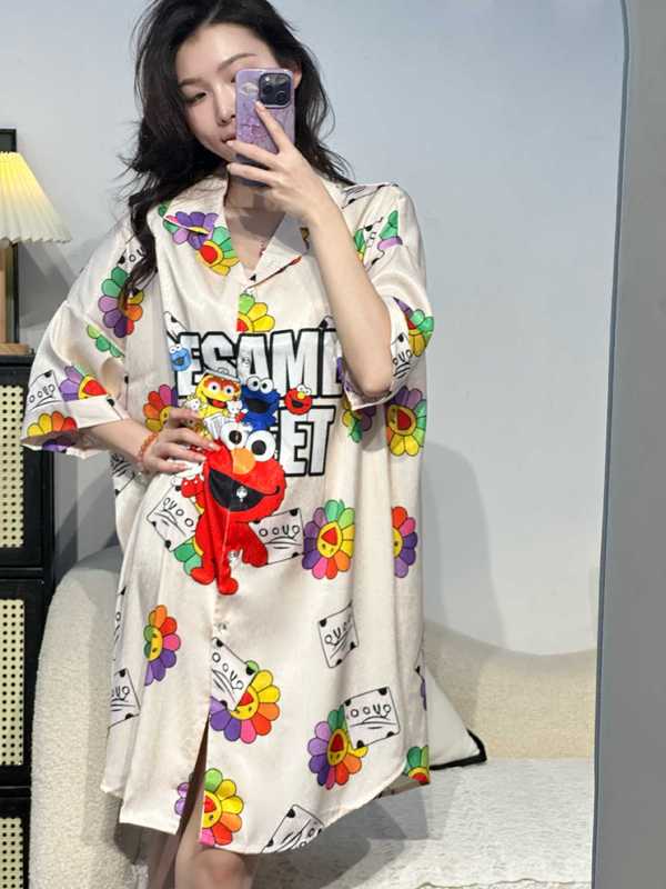 时尚大码卡通睡裙女冰雪丝睡衣夏季新款高级感中长款家居服可外穿|undefined
