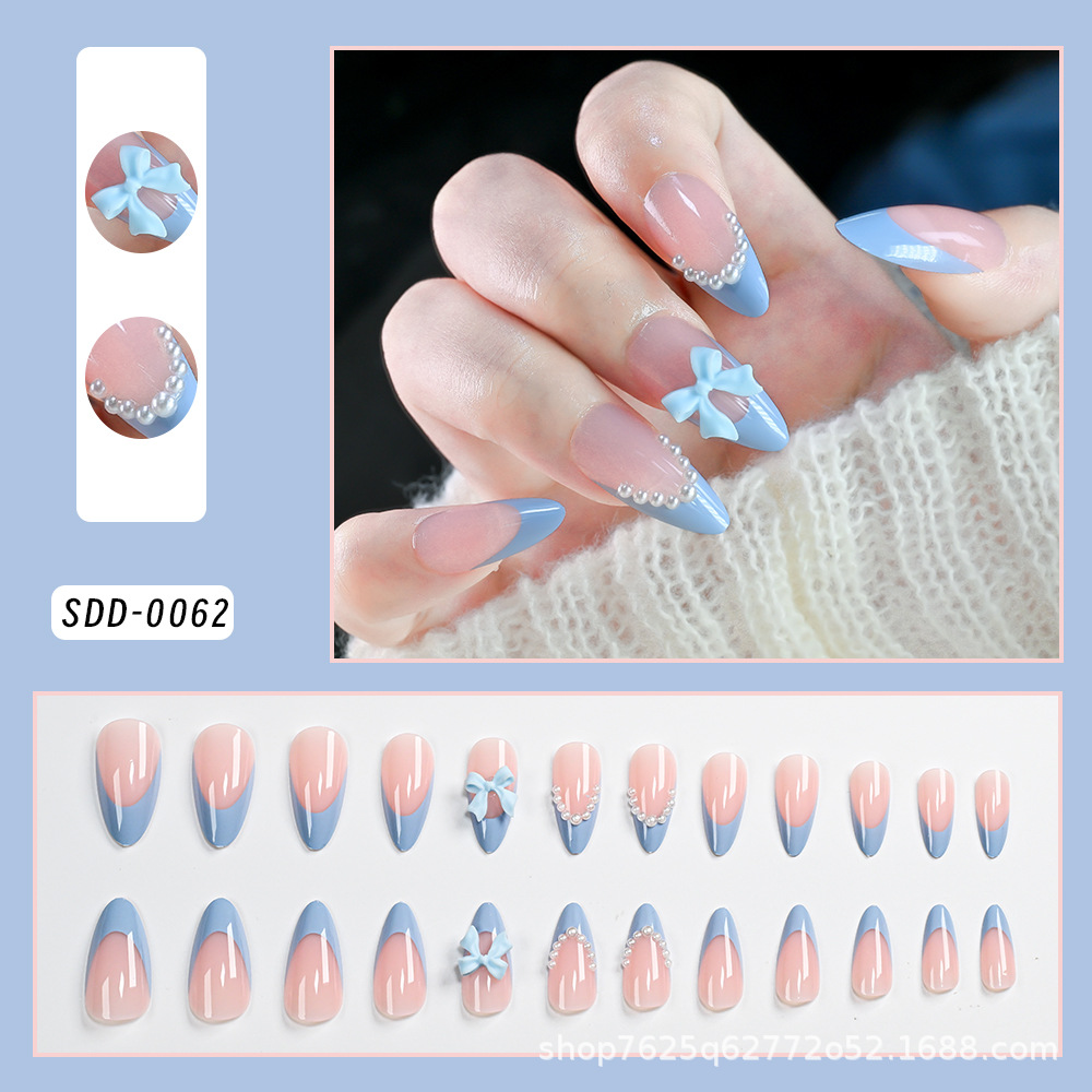 Cross-Border 24-Piece Boxed Three-Dimensional Pearl Bow Short Pointed Press-On Nails, Can Be Used for Nail Art, Fake Nails