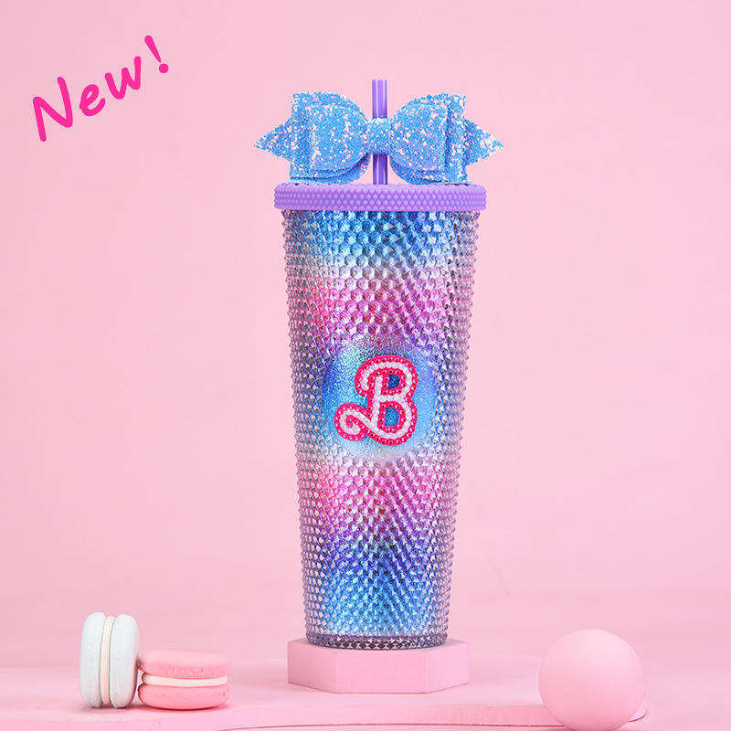 Taza de paja de plástico de doble capa 710ml taza de paja de gran capacidad con brillo arco mano taza Durian taza