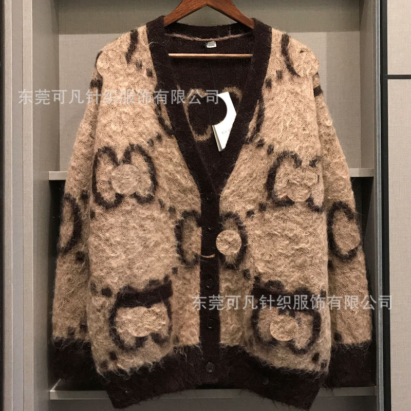 Autumn and Winter New Tops Retro Double g Knitwear Lazy Jacquard Loose Knitted Knitwear Jacket Cardigan Same Style as Yang Mi