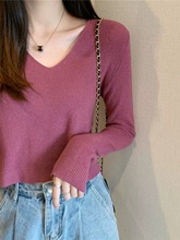 小个子高腰短款毛衣女秋冬设计感针织长袖鸡心V领树莓纯色打底衫