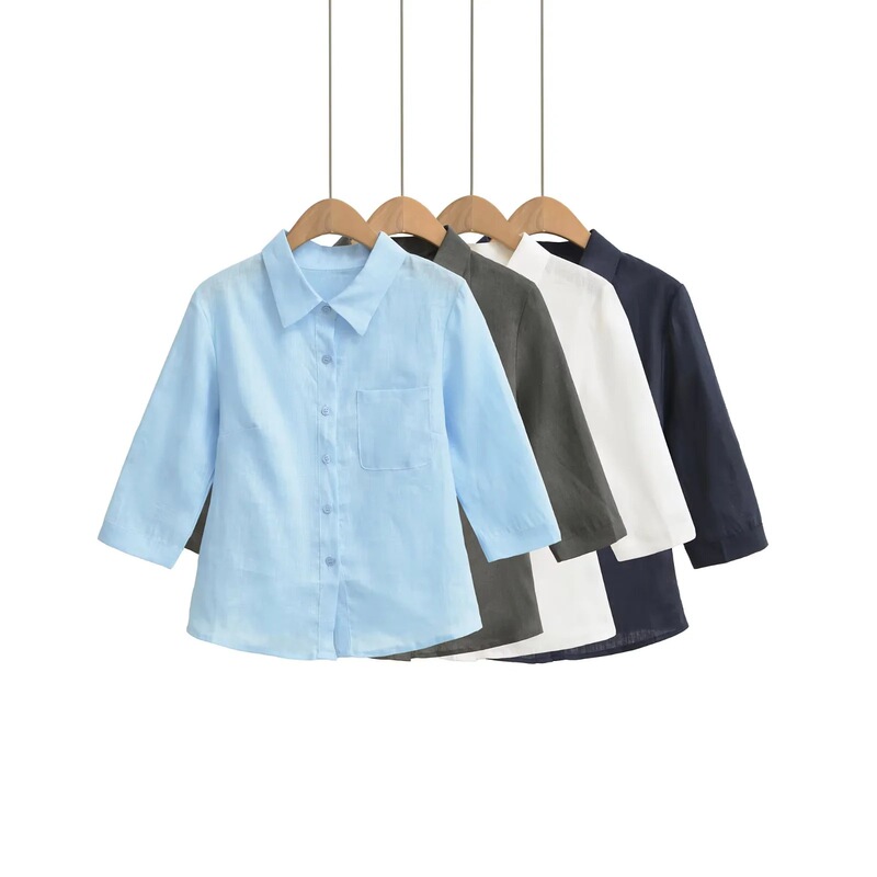 Old Money Style Lapel Single-Breasted Linen Three-Quarter Sleeve Shirt for Women, Summer Hot Girl Pure Color Slim Fit Waist-Cinching Top with Pockets Old Money Style Lapel Single-Breasted Linen Three-Quarter Sleeve Shirt for Women, Summer Hot Girl Pure Color Slim Fit Waist-Cinching Top with Pockets