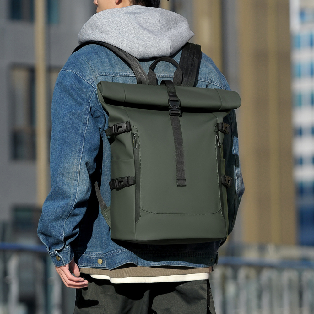 Trendy Fashion Rolled Backpack Casual Solid Color Korean Style Travel Fitness Sports Backpack Male College Student Bag