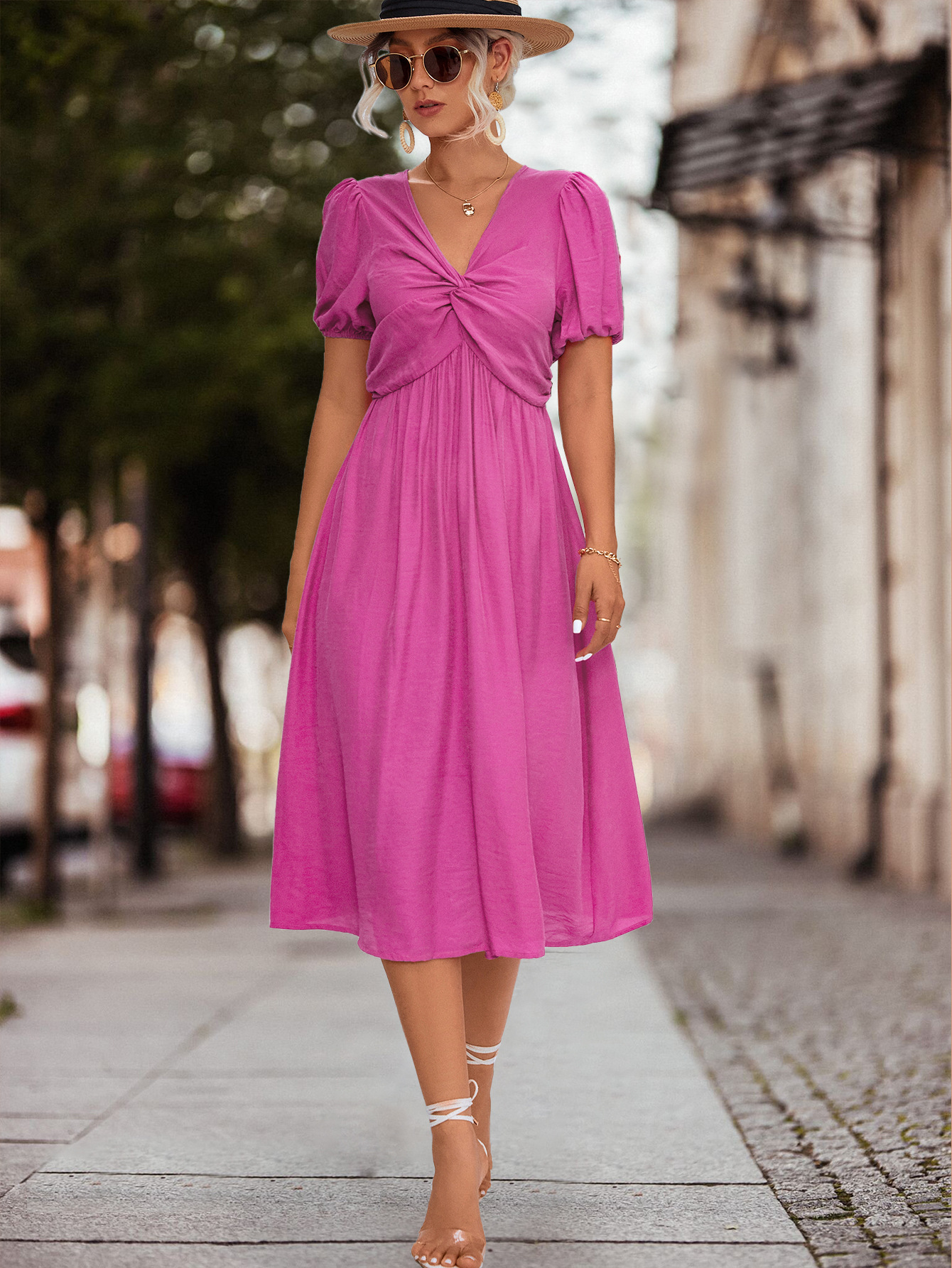 Women's Ruffled Short Sleeve Twisted Dress For Summer Elegance_voghion.com