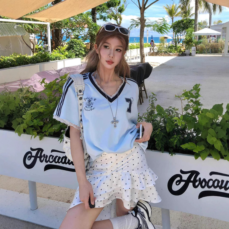 Baby Blue Preppy Style Short-Sleeved T-Shirt Women's Summer Lace Splicing V Neck Sports Jersey Loose Casual Couple Tops