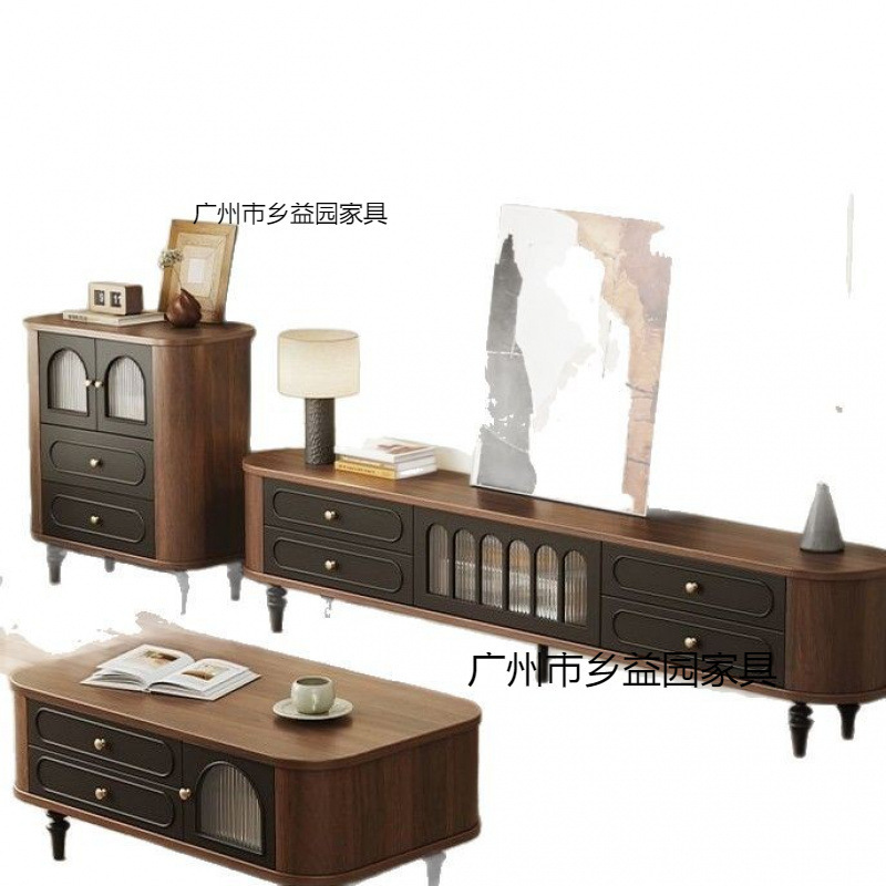 中古风储物柜法式电视机柜实木电视机茶几组合客厅家用大容量储物|undefined