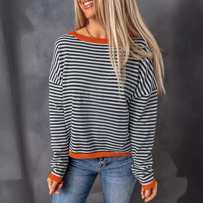 2026 Autumn and Winter New Cross-Border European and American Women's Clothing Amazon Women's Round Neck Striped Color-Blocking Long-Sleeve Casual Sweater