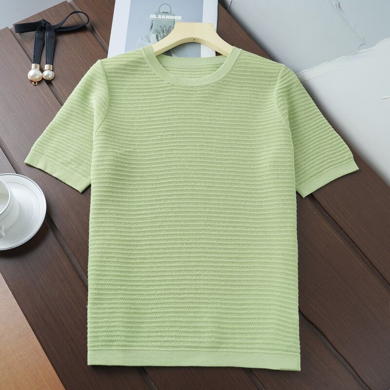 Japanese Mitsubishi Triacetic Acid High-grade Round Neck Thread Short-sleeved Knitted Shirt Fashionable Simple Western Style Small Shirt T-shirt for Women