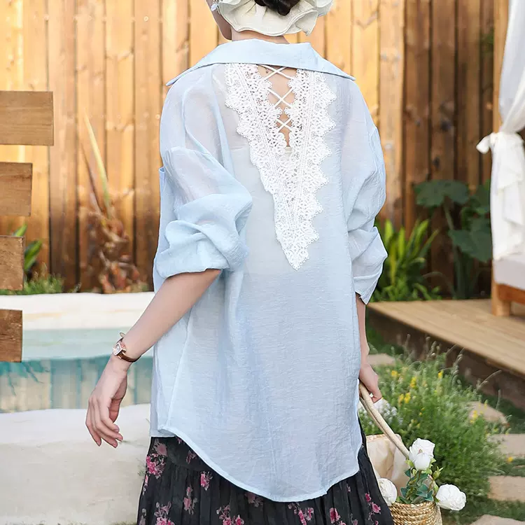 辰雨度假风蕾丝衬衫女 镂空露背小心机宽松薄款长袖法式防晒上衣
