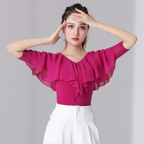 Fuchsia black ruffles latin salsa ballroom dance tops for women girls  gauze chiffon waltz tango dancing blouses shirt for lady practice dance clothes