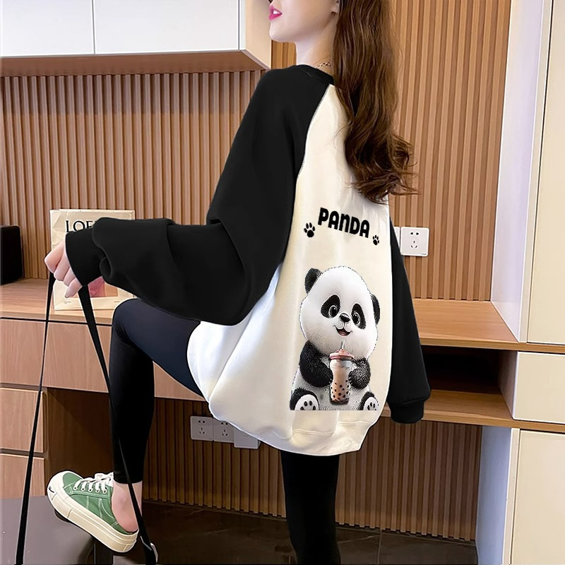 2025 Spring and Autumn New Panda Raglan Sleeve Thin Sweatshirt Women's Loose Large Size Design Long Sleeve T-Shirt Top Trendy