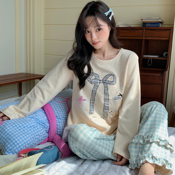 带胸垫睡衣女秋冬新款保暖长袖羊绒蚕丝宽松韩系甜美少女风家居服|undefined