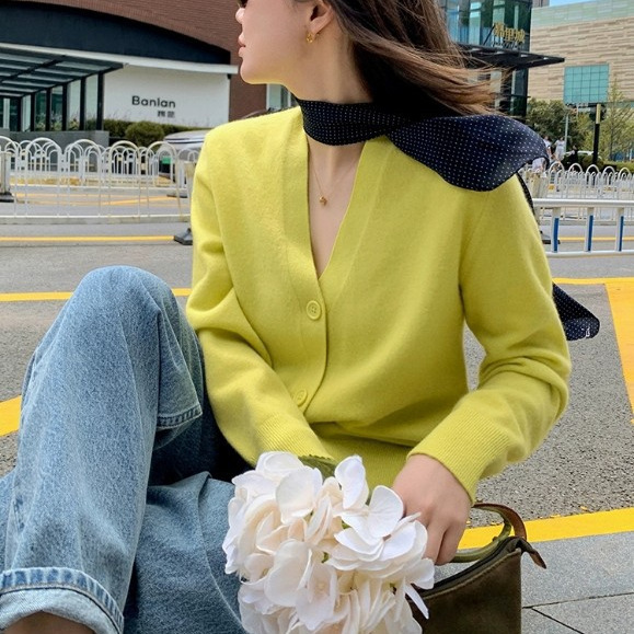 Liberin Sisy Shop Owner's Same Style~ Black Label Knitted Cardigan Upw Merino Wool V-Neck New Top for Women