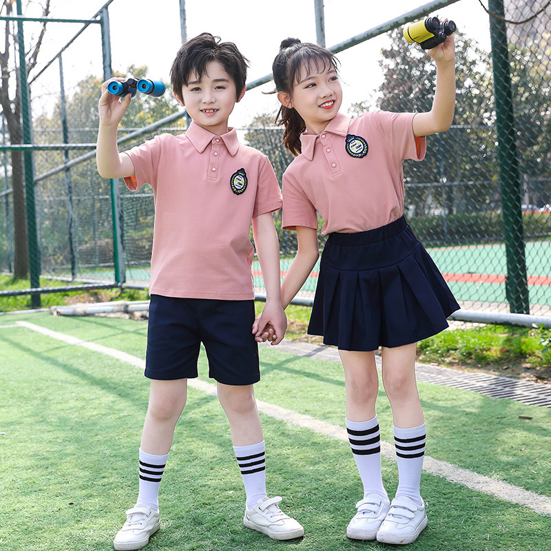 Summer set school uniform for kindergarteners, children's class wear, English-style pure cotton short-sleeved sports uniform for primary school students, wholesale