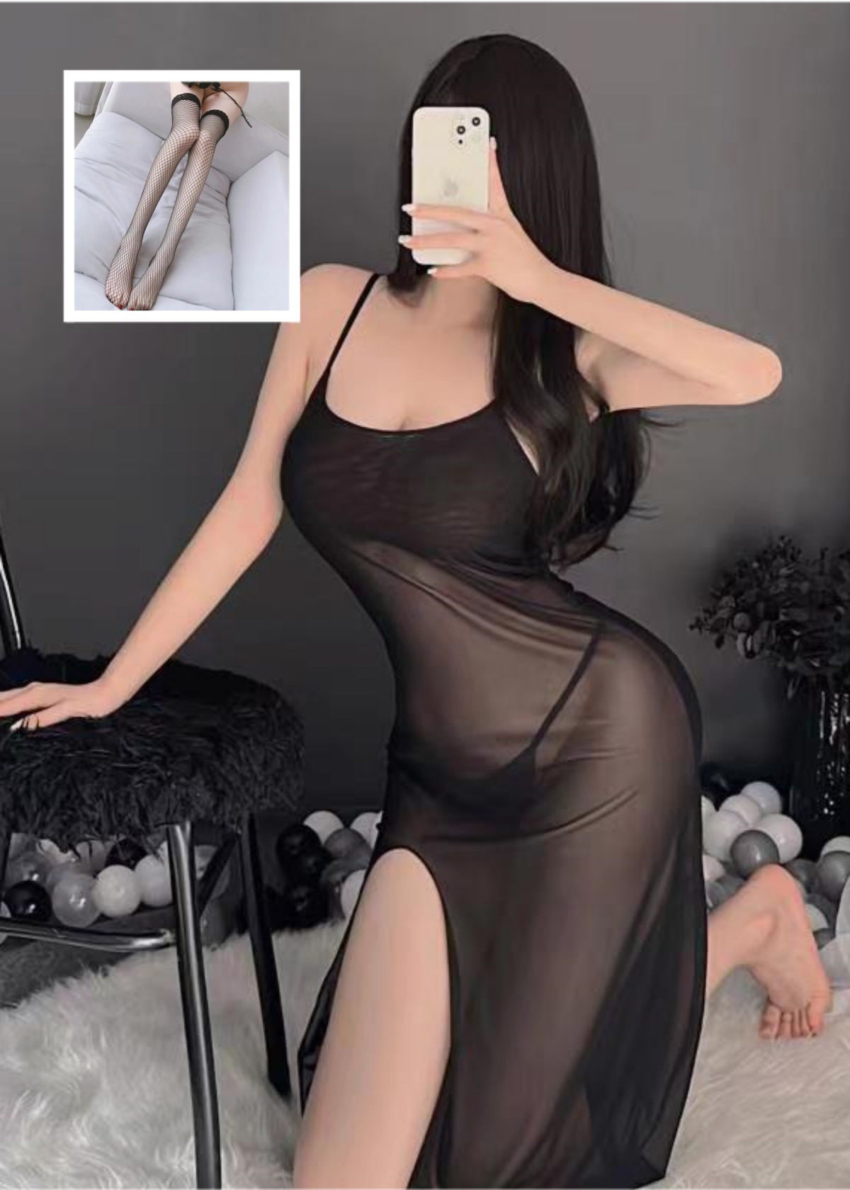 블랙(롱스커트+T바지) + 블랙 망사스타킹