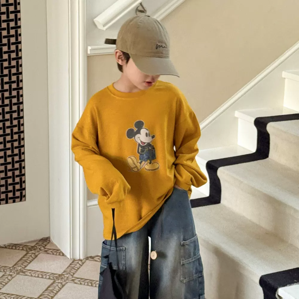奶酪与喵童装男童上衣2025秋季新款米奇印花长袖T恤男童百搭潮童