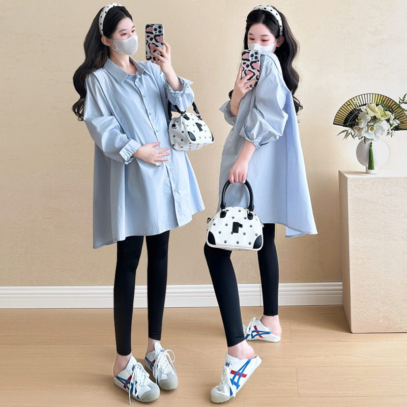 现货2025孕妇装秋季新款韩版棉中长款大码孕妇休闲衬衫时尚潮妈|undefined
