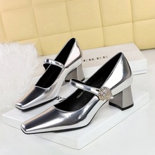 5288-K89 Wind Banquet Women's Shoes Metal Water Diamond Buckle Strap Medium Thick Heel Shallow Mouth Square Heel Women's Single Shoes