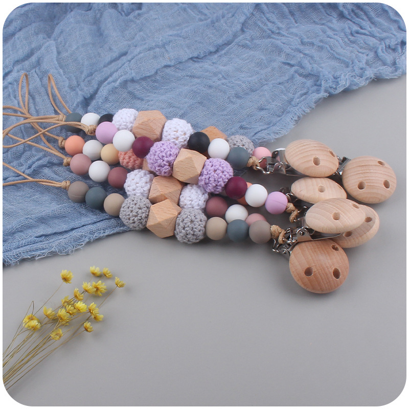 Nuevo bebé calmante Beech clip chupete cadena bebé creativo madera octogonal mordedura silicona molar anti-gota cadena