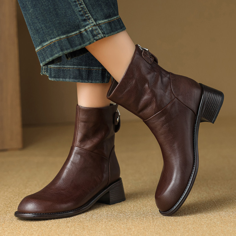 Full Leather Inside and Outside, First-Layer Sheepskin Square Heel, Round Toe, Back Zipper Short Boots, Soft and Comfortable Low-Heeled Chelsea Boots